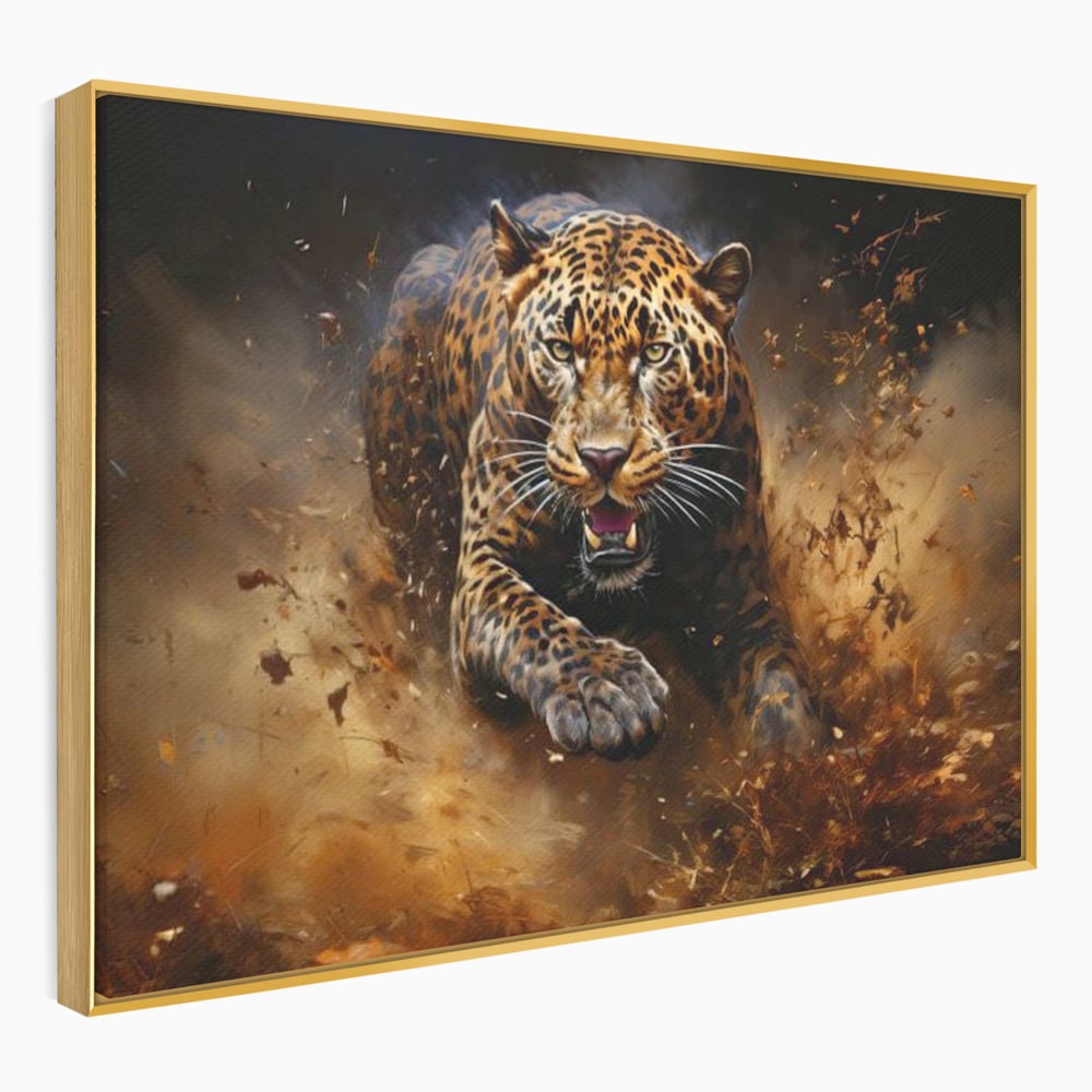 Tablou canvas cu tablou canvas cu leopard in alergare, in rama de aluminiu auriu